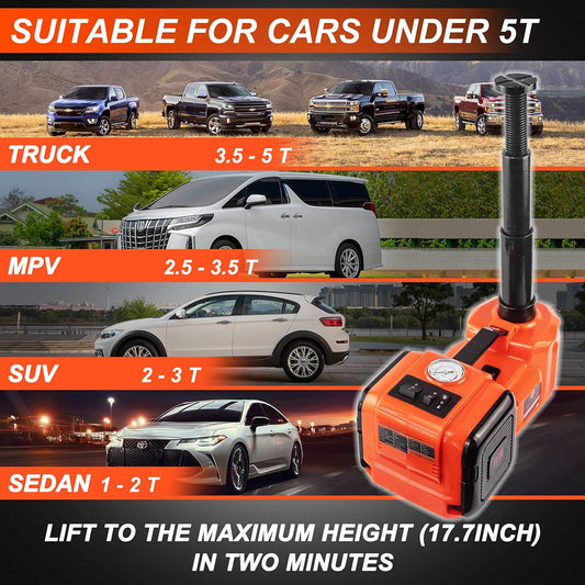 Electric Car Jack, 5 Ton/11023 LBS Hydraulic Car Jack, Portable Car Jack Lifting with Built-in Inflatable Pump and LED Light, Car Jack for SUV MPV Sedan Truck Change Tires Garage Repair