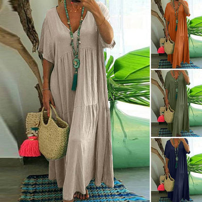⏳Time-Limited Special⏰Women's Casual Long Dress – V-Neck, Loose Fit, Short Sleeves, Natural Fibers 🌿