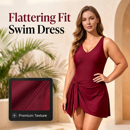 Elegant Plus Size Solid Color Swim Dress – Premium Textured One-Piece for Beach & Pool
