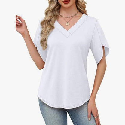 Women's Loose Fit Solid Colour V-Neck Flutter Sleeve Blouse 🌸 Soft Sleeves, Flattering V – A Breeze of Feminine Charm ✨