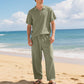 📢📢40% OFF !! ⏰Men's Casual Linen Blend Shirt and Pants Set Loose Fit Beach Wear